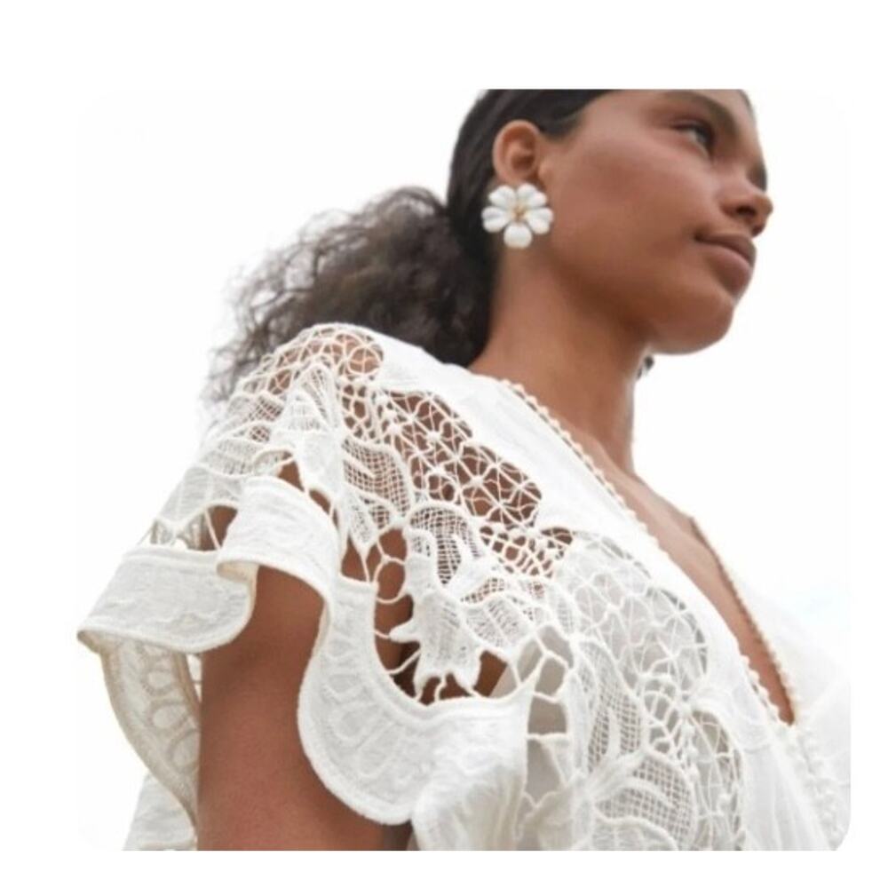 New! FARM Rio White Richelier Midi Dress Sz M Lace Embroidered Tiered Sz XS #58 - Picture 4 of 10